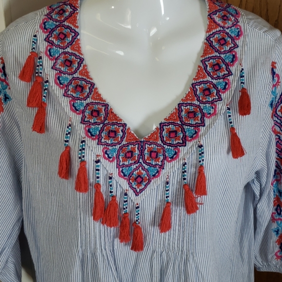 Chicos 2p blue stripe embroidered top tassles L - Picture 4 of 6